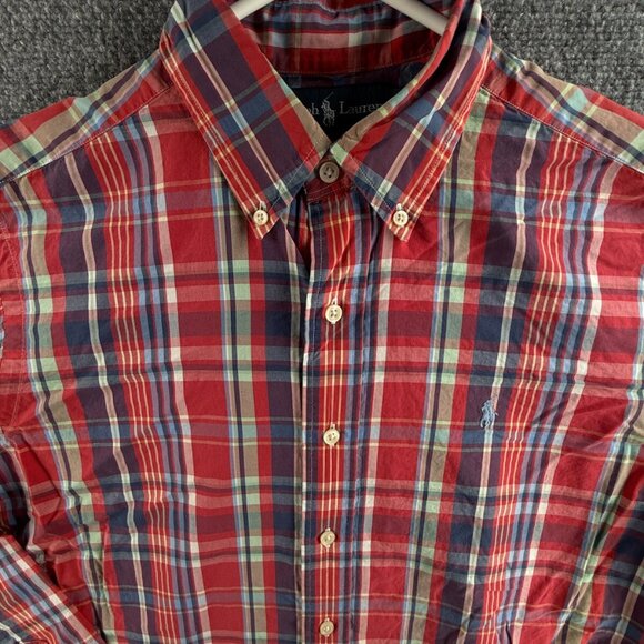 Ralph Lauren Medium Red Plaid Button Down Shirt Long Sleeve Colorful Pony Logo - Picture 1 of 14
